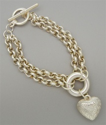 Toggle Heart Charm Bracelet, 2 row chain, Matted Silver Plated