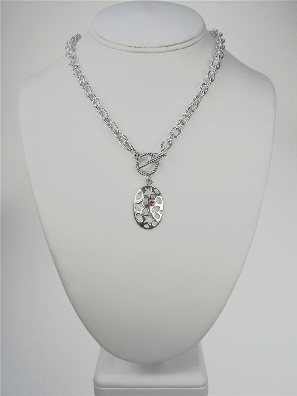 Heavy Silver Plated Chain Necklace with Oval Pendant and Rose Color ...