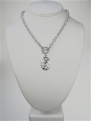 Heavy Silver Plated Chain Necklace with Oval Pendant and Rose Color Rhinestone. One Dozen.